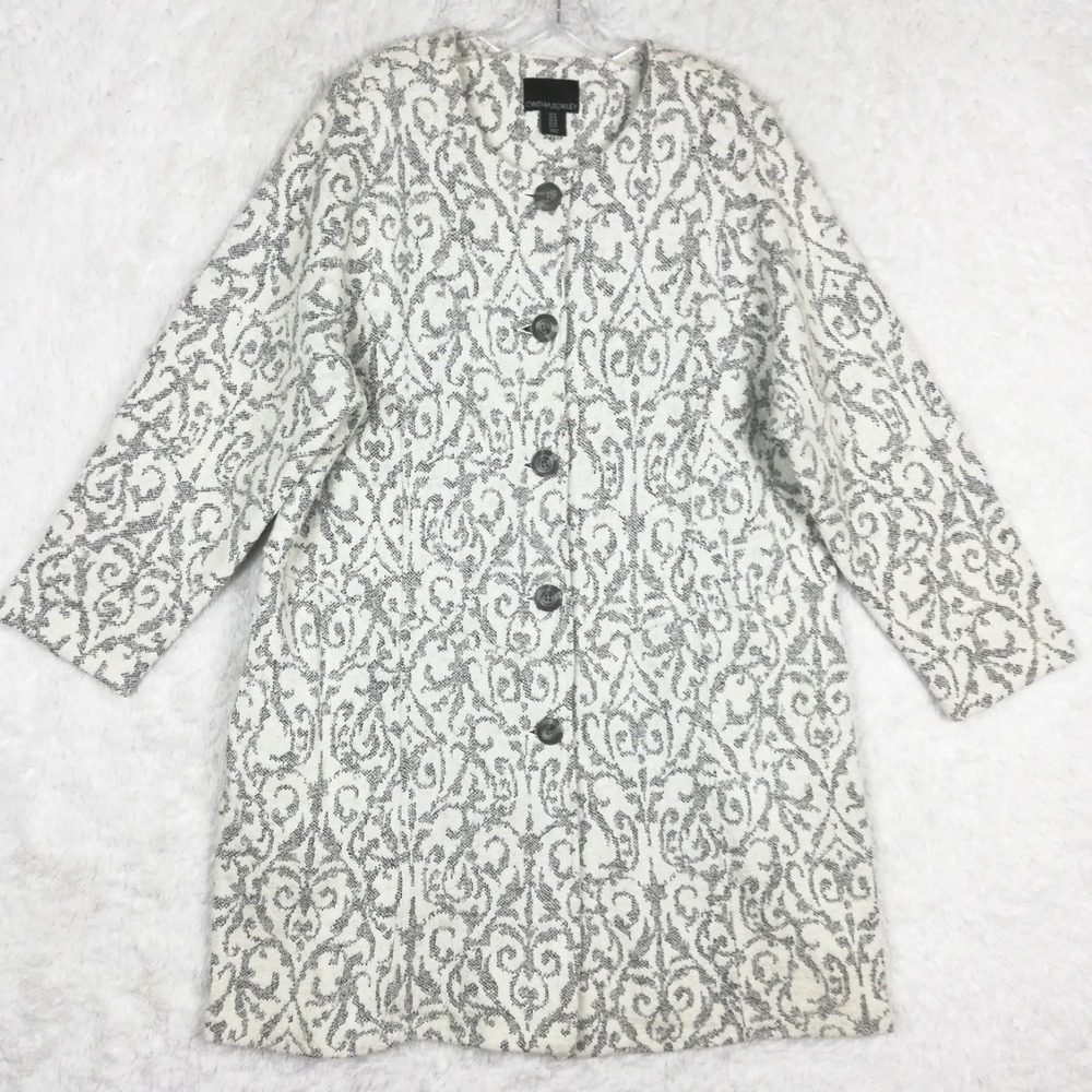 Cynthia Rowley Womens Coat Duster Wool‎ Blend Floral Tapestry Gray White Plus 1X